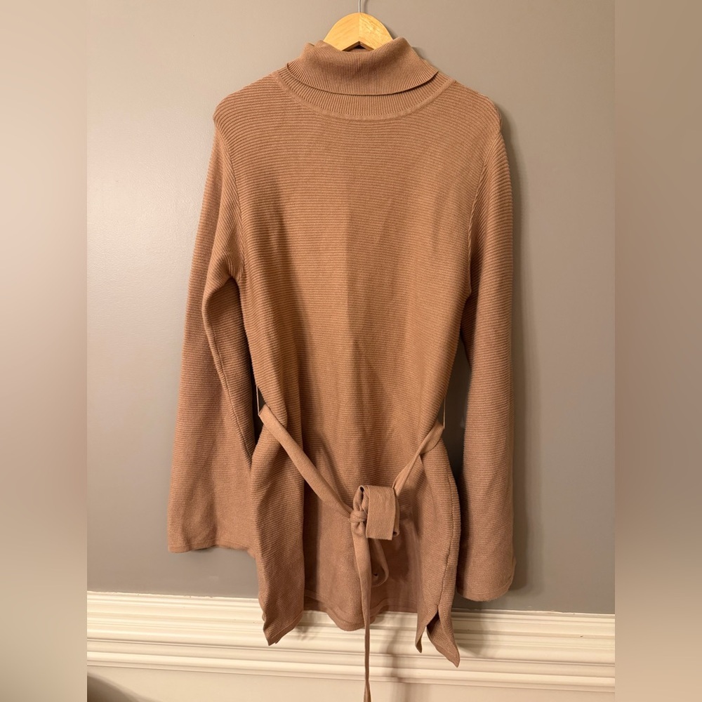 Kittenish Camel Cowl Neck Knit Belted Mini Sweater Dress Tunic Medium